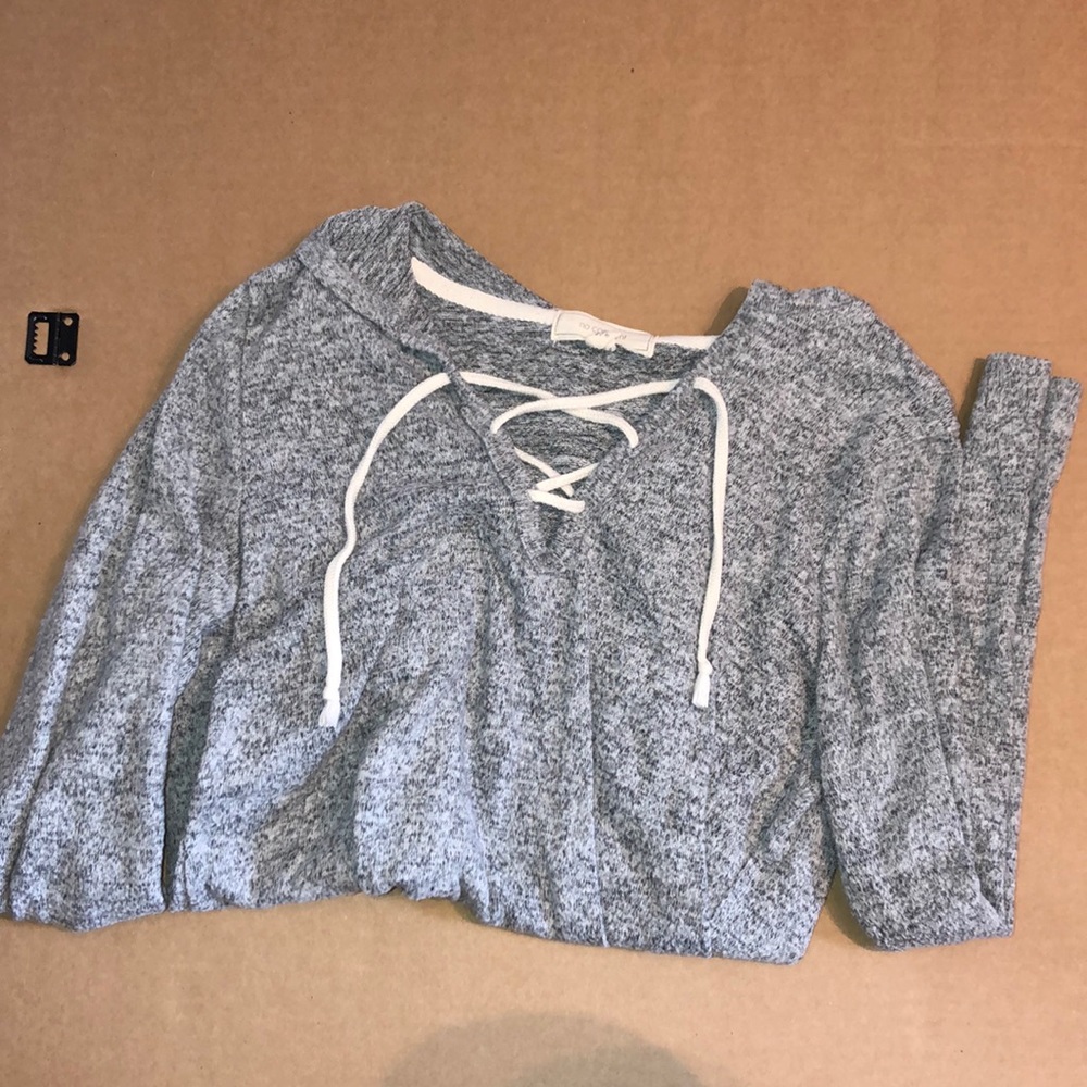 grey soft hooded lace-up long sleeve